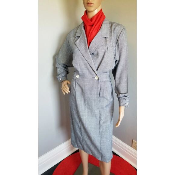 70s Vintage Stuart Alan Navy & White Houndstooth Faux Wrap Dress - M - Picture 1 of 6